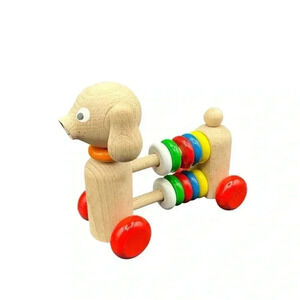 WOODEN ABACUS DOGGIE PUSH TOY TOXIC FREE PAINT HANDMADE LEARNING COUNTING TOOL